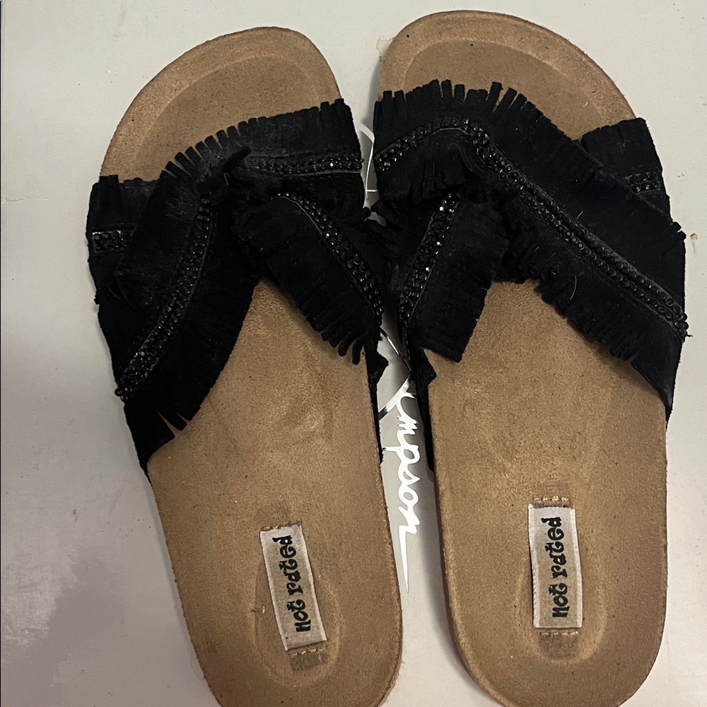 Not Rated Women's Black Fringe Slide Sandals